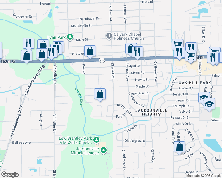 map of restaurants, bars, coffee shops, grocery stores, and more near 8431 Maple Street in Jacksonville