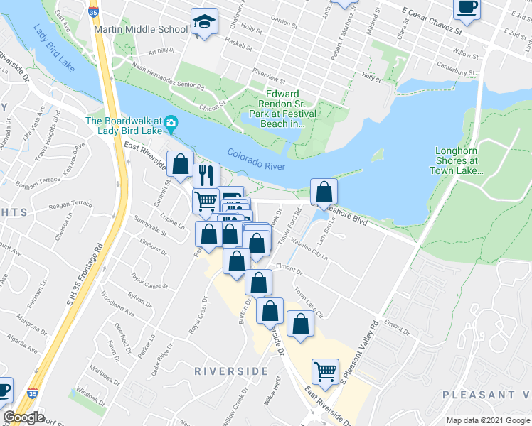map of restaurants, bars, coffee shops, grocery stores, and more near 1118 Town Creek Drive in Austin