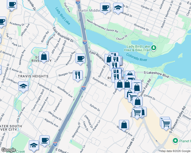 map of restaurants, bars, coffee shops, grocery stores, and more near 1503 Lupine Lane in Austin