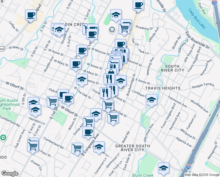 map of restaurants, bars, coffee shops, grocery stores, and more near 1920 South Congress Avenue in Austin