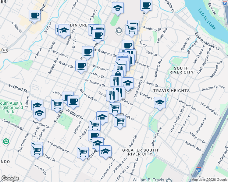 map of restaurants, bars, coffee shops, grocery stores, and more near 1920 South Congress Avenue in Austin