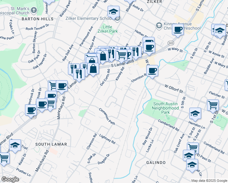 map of restaurants, bars, coffee shops, grocery stores, and more near 2404 Kinney Road in Austin
