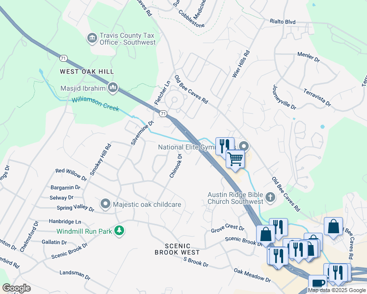 map of restaurants, bars, coffee shops, grocery stores, and more near 8001 State Highway 71 in Austin