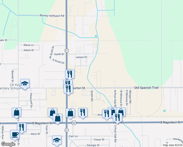 map of restaurants, bars, coffee shops, grocery stores, and more near 1301 Maxine Drive in Sulphur