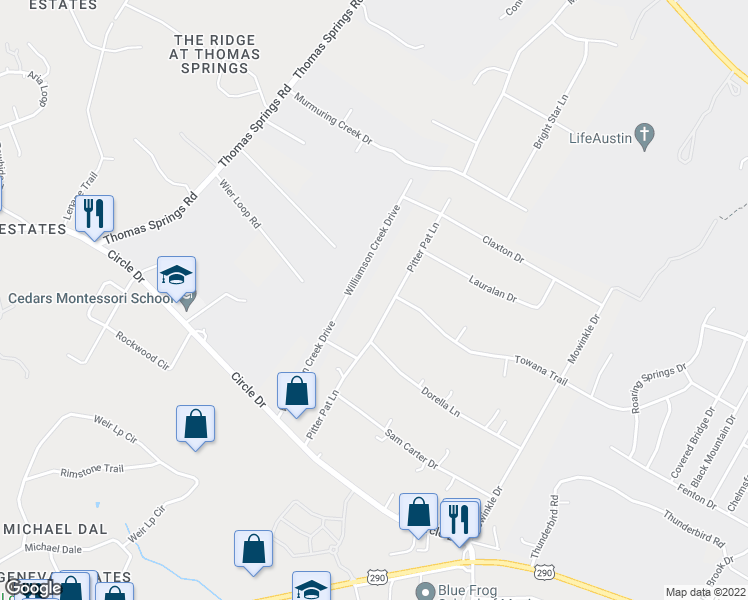 map of restaurants, bars, coffee shops, grocery stores, and more near 7804 Pitter Pat Lane in Austin