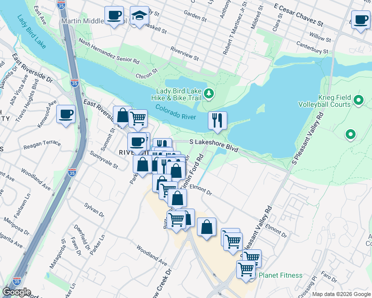 map of restaurants, bars, coffee shops, grocery stores, and more near 1118 Town Creek Drive in Austin