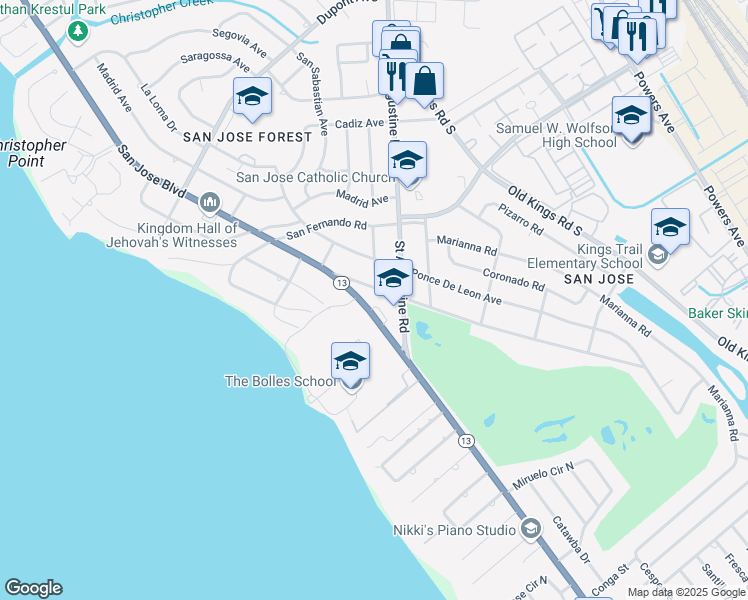 map of restaurants, bars, coffee shops, grocery stores, and more near 7423 San Jose Boulevard in Jacksonville