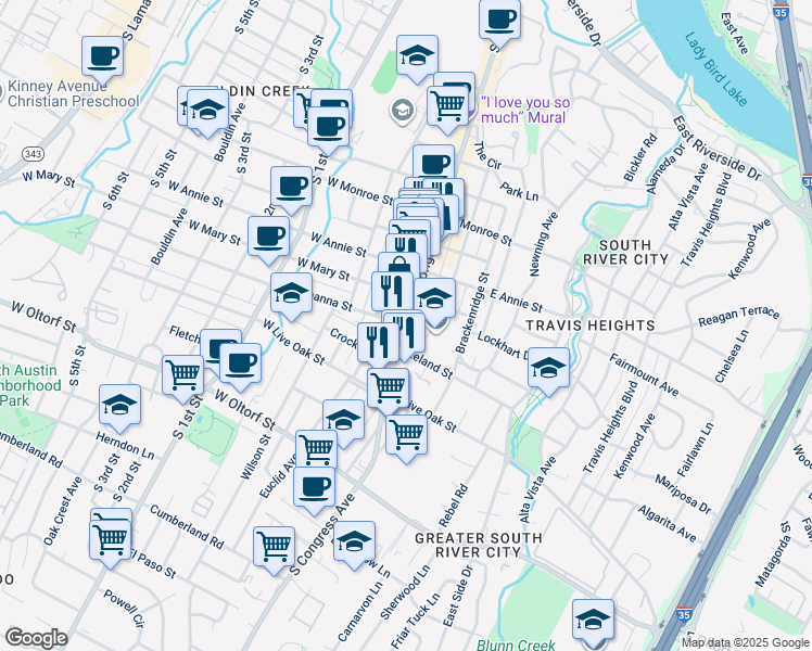 map of restaurants, bars, coffee shops, grocery stores, and more near South Congress Avenue & West Johanna Street in Austin