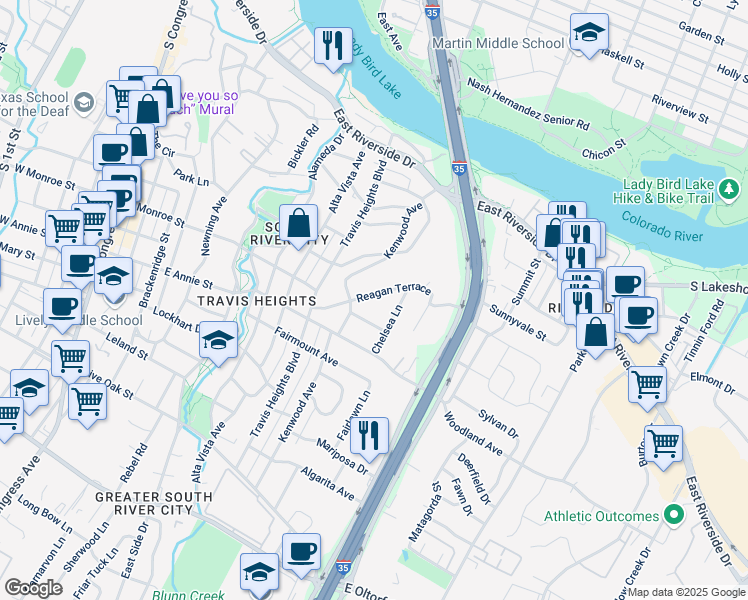 map of restaurants, bars, coffee shops, grocery stores, and more near 1104 Reagan Terrace in Austin