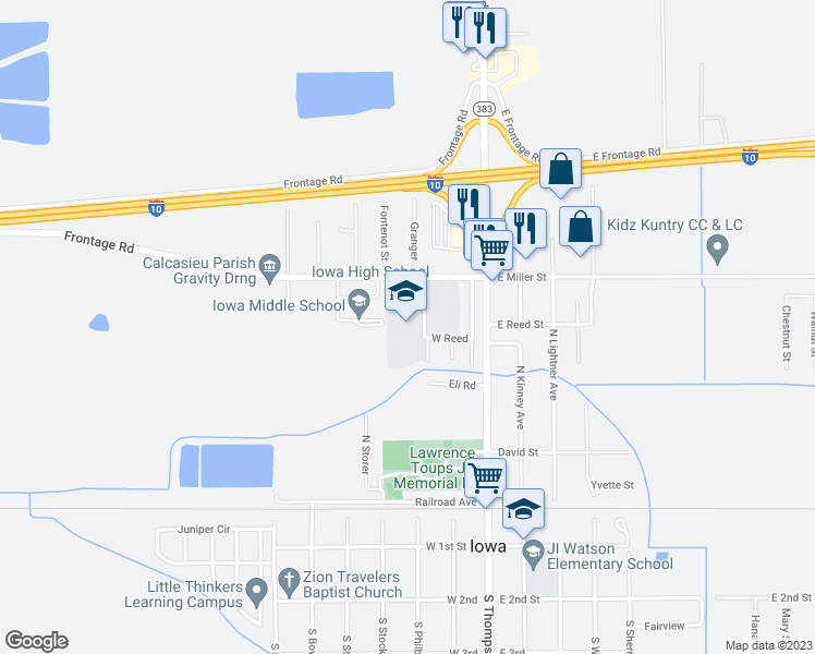 map of restaurants, bars, coffee shops, grocery stores, and more near 401 West Miller Avenue in Iowa