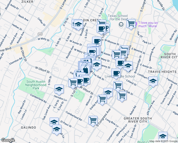 map of restaurants, bars, coffee shops, grocery stores, and more near 2209 South 1st Street in Austin