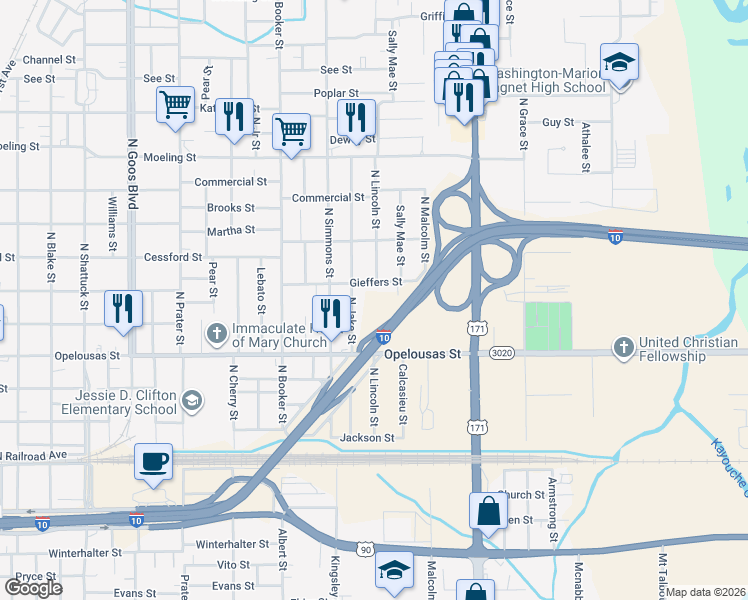 map of restaurants, bars, coffee shops, grocery stores, and more near 2360 Gieffers Street in Lake Charles