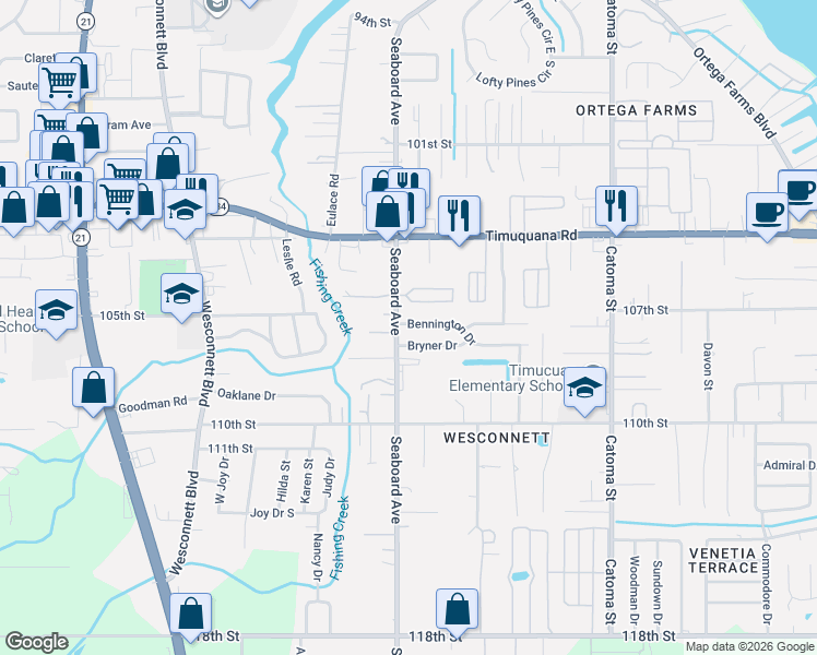 map of restaurants, bars, coffee shops, grocery stores, and more near 5678 Bennington Drive in Jacksonville