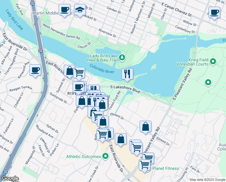 map of restaurants, bars, coffee shops, grocery stores, and more near 1115 Town Creek Drive in Austin