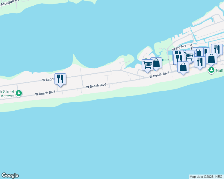 map of restaurants, bars, coffee shops, grocery stores, and more near 1003 West Beach Boulevard in Gulf Shores