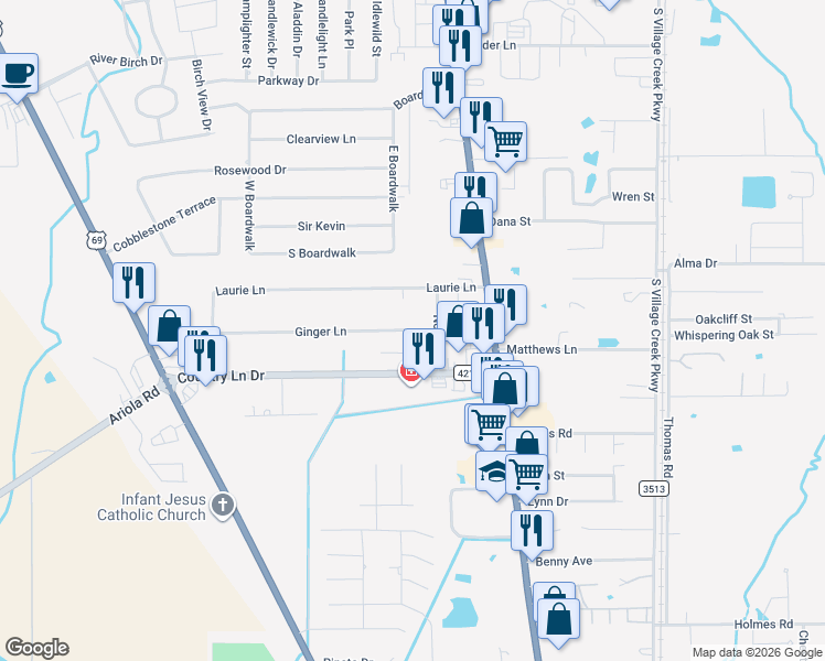 map of restaurants, bars, coffee shops, grocery stores, and more near 7680 Ginger Lane in Lumberton