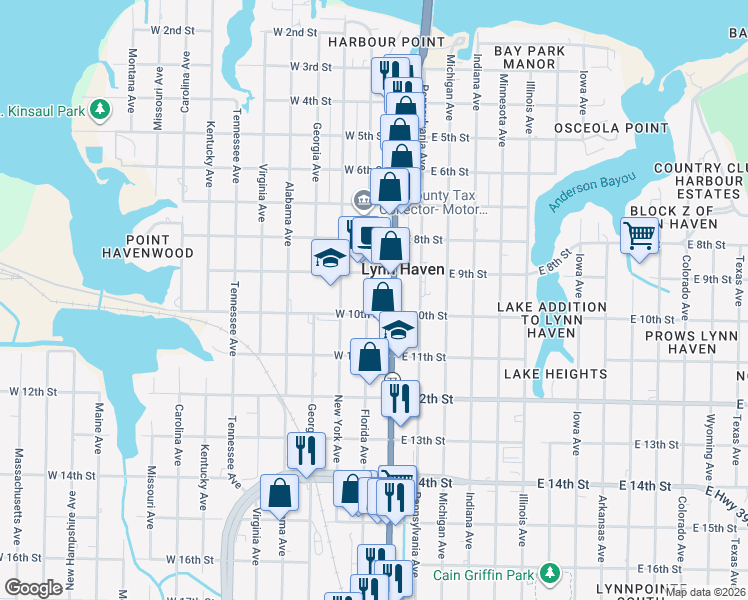 map of restaurants, bars, coffee shops, grocery stores, and more near 929 Florida Avenue in Lynn Haven
