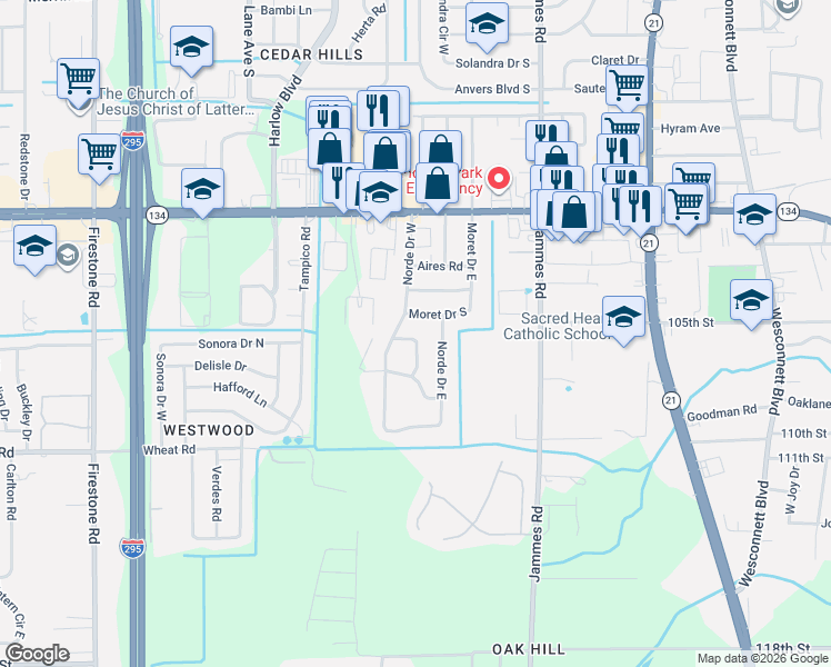 map of restaurants, bars, coffee shops, grocery stores, and more near 6592 Moret Drive South in Jacksonville