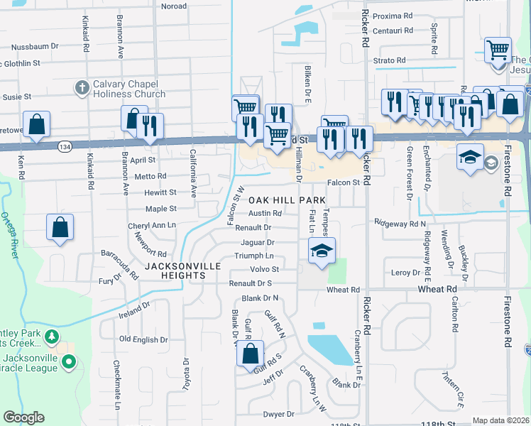 map of restaurants, bars, coffee shops, grocery stores, and more near 7851 Austin Road in Jacksonville