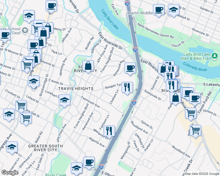 map of restaurants, bars, coffee shops, grocery stores, and more near 1104 Reagan Terrace in Austin