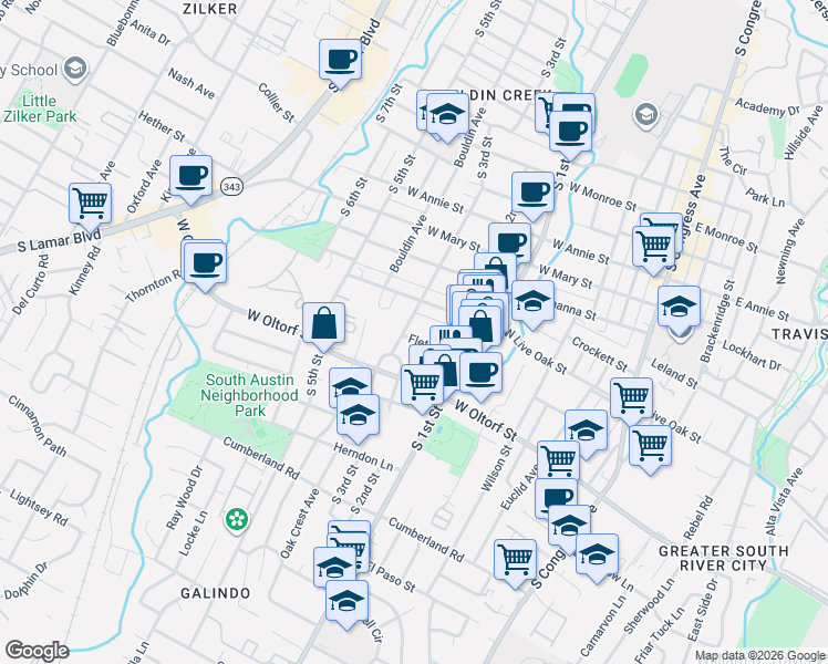 map of restaurants, bars, coffee shops, grocery stores, and more near 2217 South 3rd Street in Austin