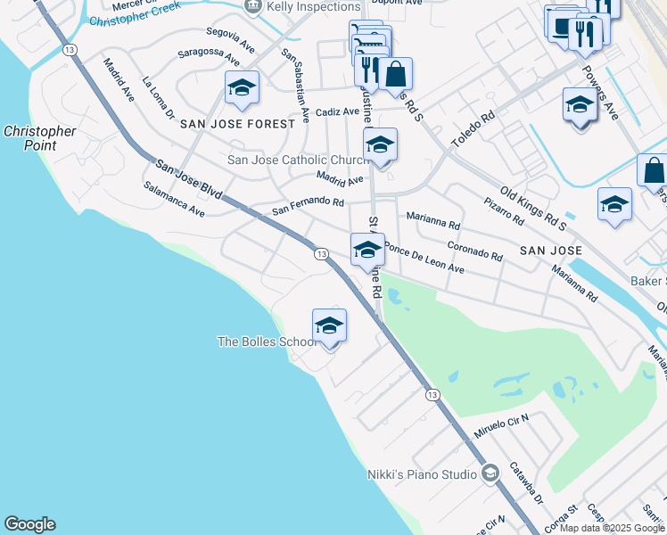map of restaurants, bars, coffee shops, grocery stores, and more near 7400 San Jose Boulevard in Jacksonville