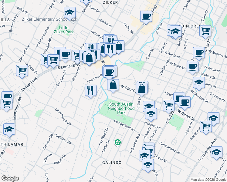 map of restaurants, bars, coffee shops, grocery stores, and more near Havenside Drive in Austin