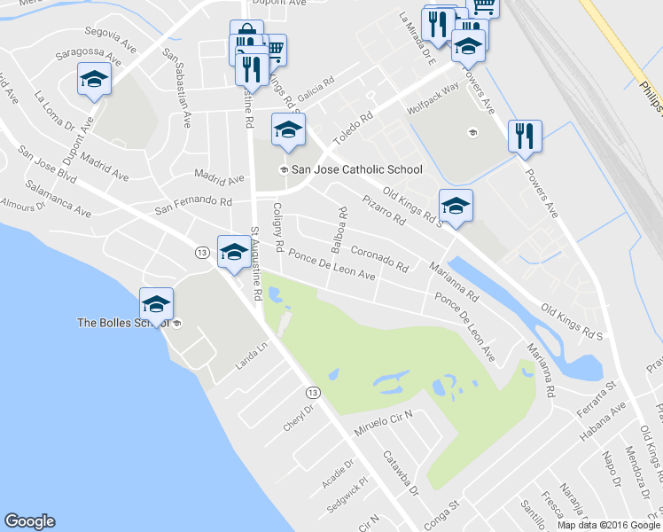 map of restaurants, bars, coffee shops, grocery stores, and more near Ponce De Leon Ave & Balboa Rd in Jacksonville