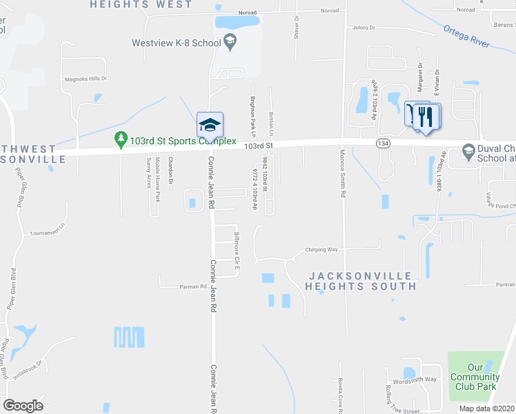 map of restaurants, bars, coffee shops, grocery stores, and more near 9842 103rd Street in Jacksonville