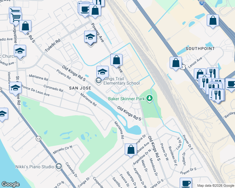 map of restaurants, bars, coffee shops, grocery stores, and more near 7400 Powers Avenue in Jacksonville