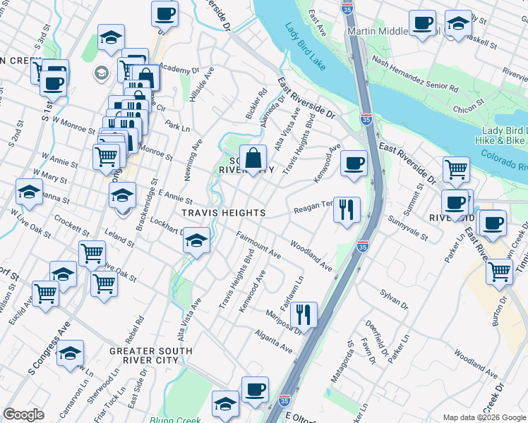 map of restaurants, bars, coffee shops, grocery stores, and more near Travis Heights Boulevard in Austin