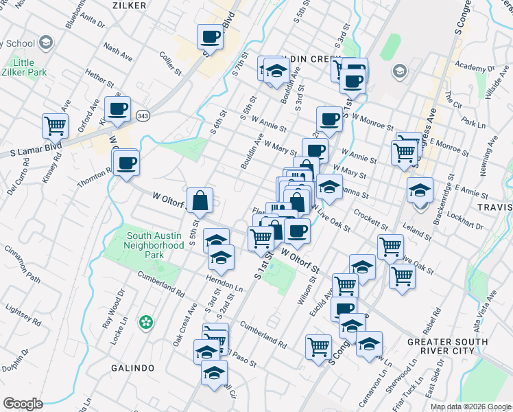 map of restaurants, bars, coffee shops, grocery stores, and more near 2217 South 3rd Street in Austin