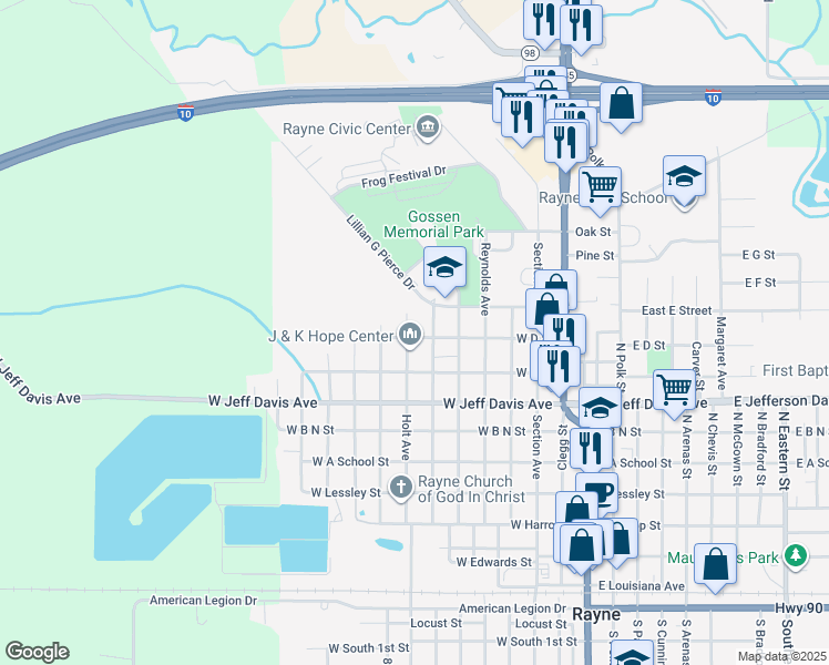 map of restaurants, bars, coffee shops, grocery stores, and more near 900 Holt Avenue in Rayne