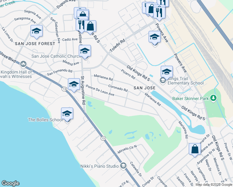 map of restaurants, bars, coffee shops, grocery stores, and more near 3721 Ponce De Leon Avenue in Jacksonville