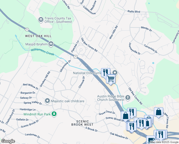 map of restaurants, bars, coffee shops, grocery stores, and more near 8001 State Highway 71 in Austin