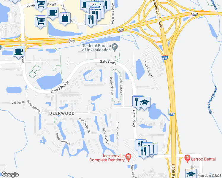 map of restaurants, bars, coffee shops, grocery stores, and more near 7540 Scarlet Ibis Lane in Jacksonville