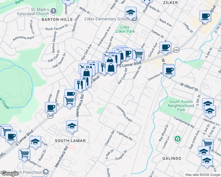 map of restaurants, bars, coffee shops, grocery stores, and more near 2602 Del Curto Road in Austin