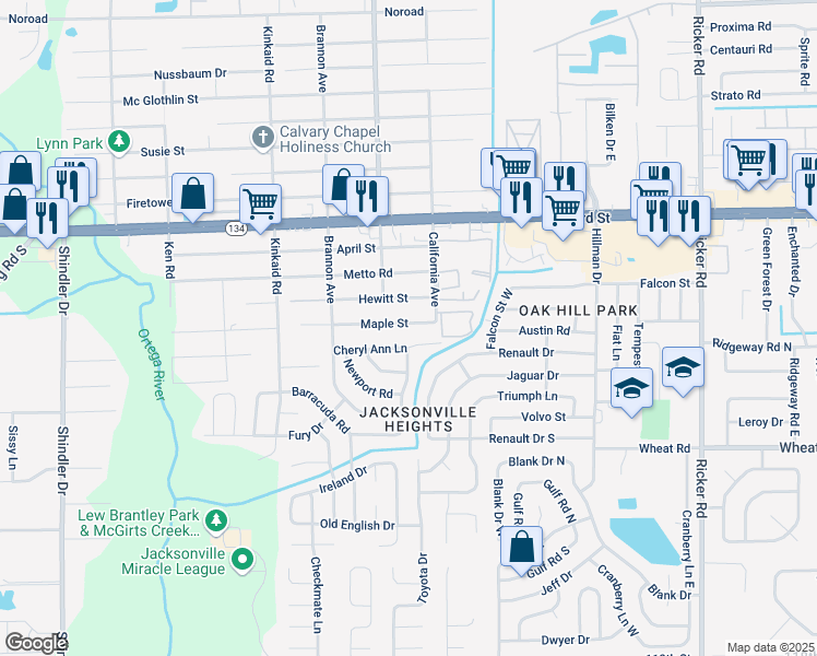 map of restaurants, bars, coffee shops, grocery stores, and more near 8140 Maple Street in Jacksonville