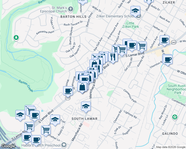 map of restaurants, bars, coffee shops, grocery stores, and more near 2802 South Lamar Boulevard in Austin