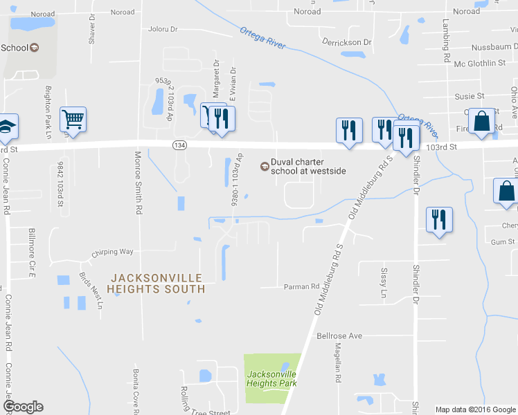 map of restaurants, bars, coffee shops, grocery stores, and more near 5564 Rockola Road in Jacksonville