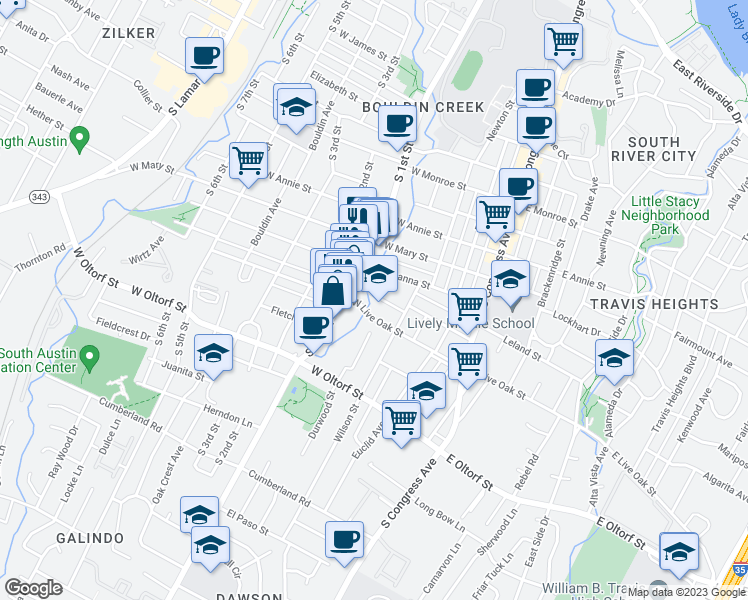 map of restaurants, bars, coffee shops, grocery stores, and more near 416 Crockett Street in Austin
