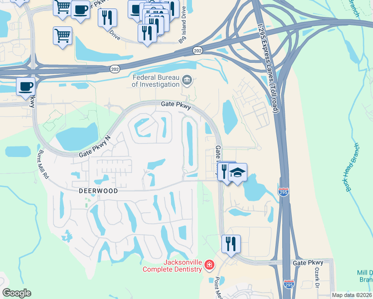 map of restaurants, bars, coffee shops, grocery stores, and more near 7532 Scarlet Ibis Lane in Jacksonville