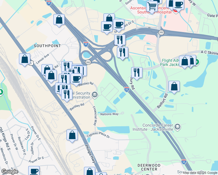 map of restaurants, bars, coffee shops, grocery stores, and more near 7044 Deer Lodge Circle in Jacksonville