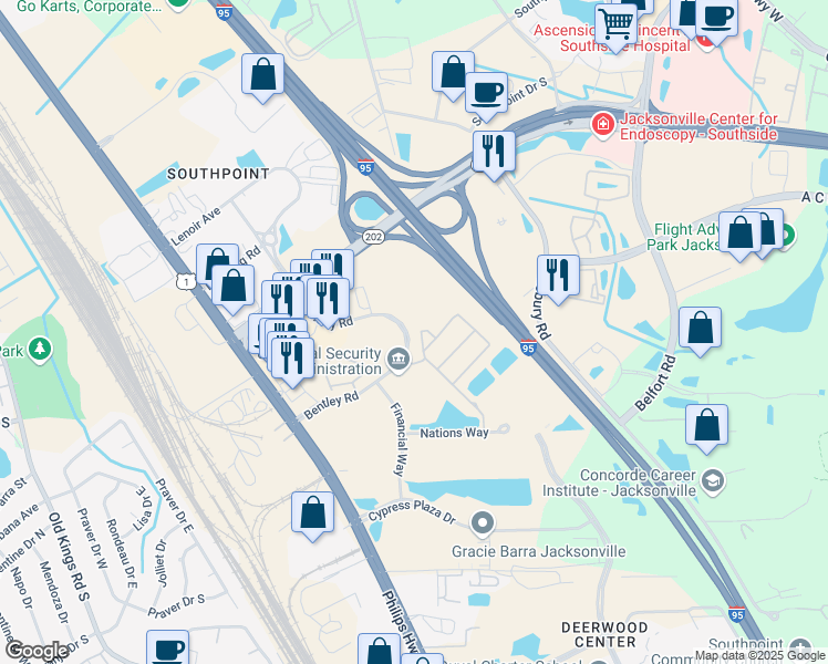 map of restaurants, bars, coffee shops, grocery stores, and more near 8188 Cabin Lake Circle in Jacksonville