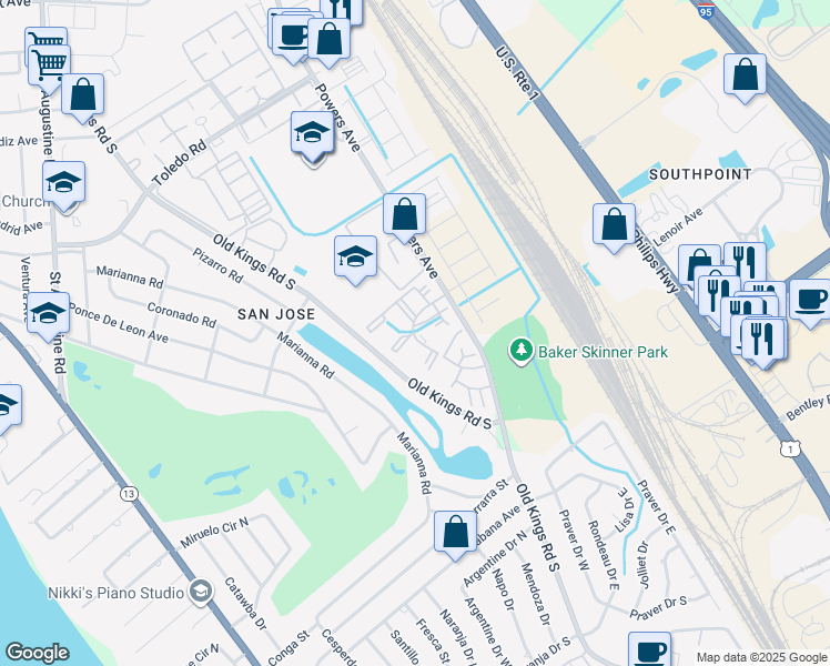 map of restaurants, bars, coffee shops, grocery stores, and more near 7500 Powers Avenue in Jacksonville