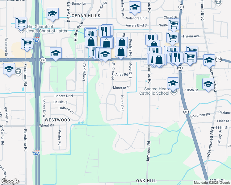 map of restaurants, bars, coffee shops, grocery stores, and more near 6592 Moret Drive South in Jacksonville