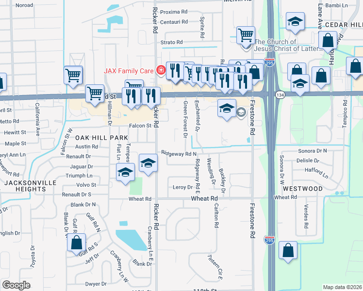map of restaurants, bars, coffee shops, grocery stores, and more near 7536 103rd Street in Jacksonville