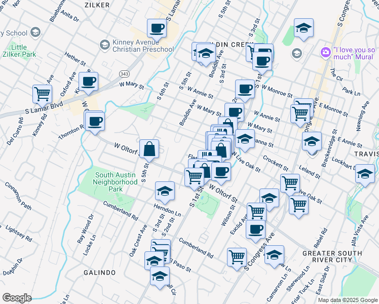 map of restaurants, bars, coffee shops, grocery stores, and more near 2217 South 3rd Street in Austin