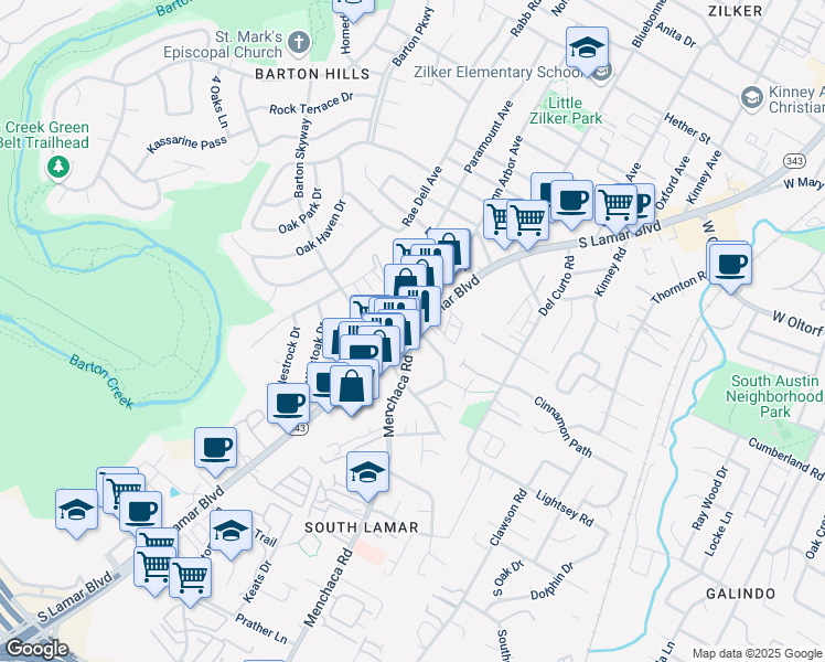 map of restaurants, bars, coffee shops, grocery stores, and more near in Austin