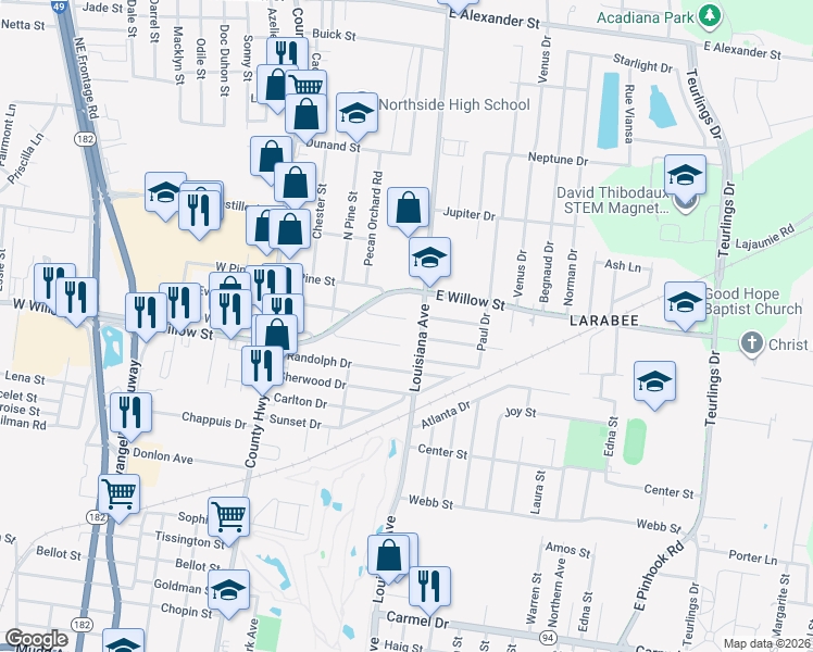 map of restaurants, bars, coffee shops, grocery stores, and more near 436 East Evergreen Street in Lafayette